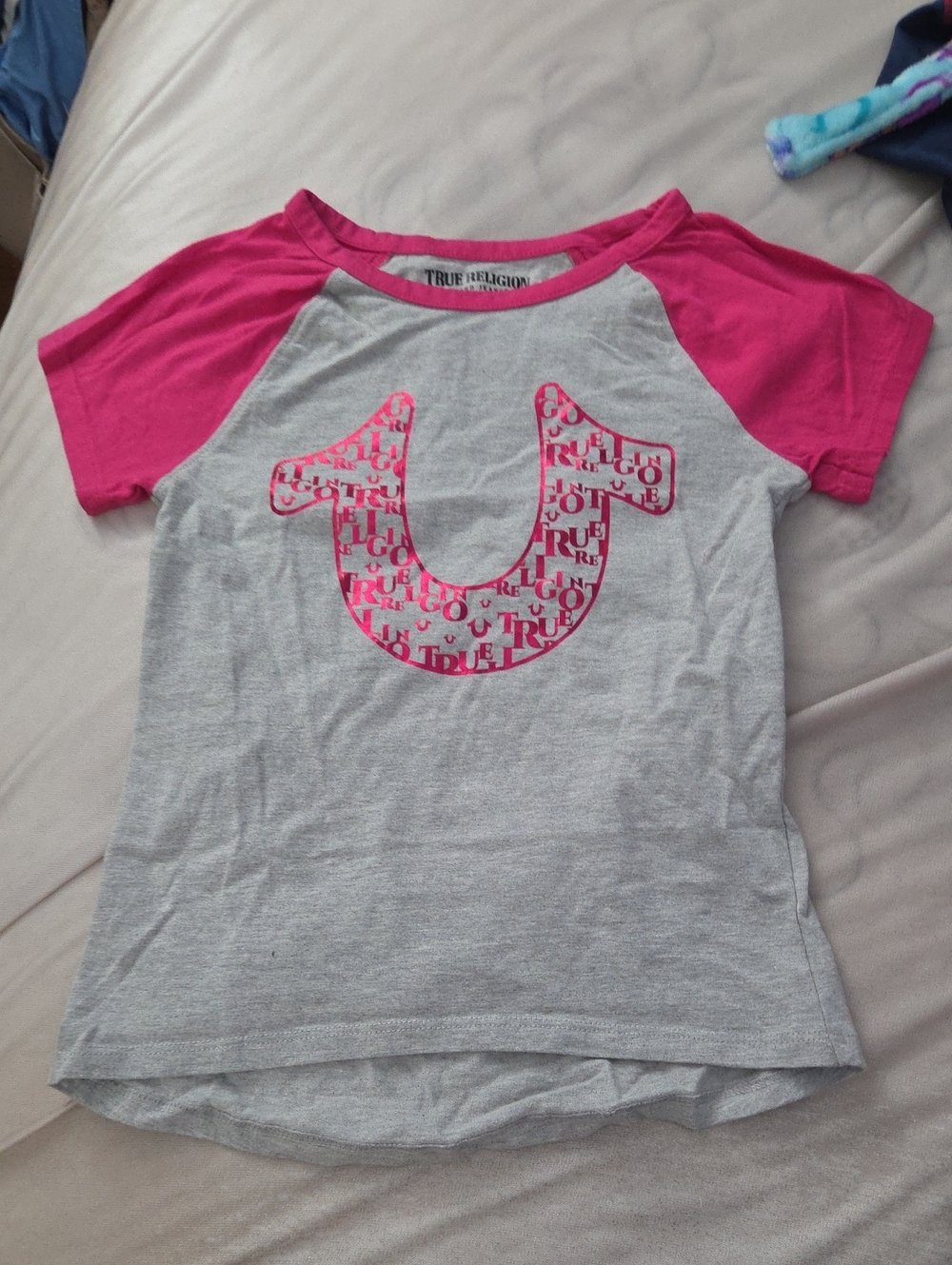 2 for $10 True Religion Youth Pink & Gray Logo Raglan Tee - Size S
